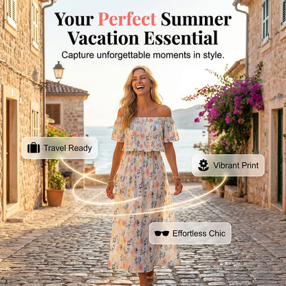 👗 50% OFF NOW! 🌸 Printed Off-Shoulder Short Sleeve Maxi Dress – Floral Print, Ruffled Bodice & Hidden Pockets ✨