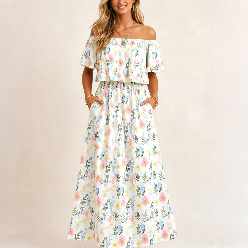 👗 50% OFF NOW! 🌸 Printed Off-Shoulder Short Sleeve Maxi Dress – Floral Print, Ruffled Bodice & Hidden Pockets ✨