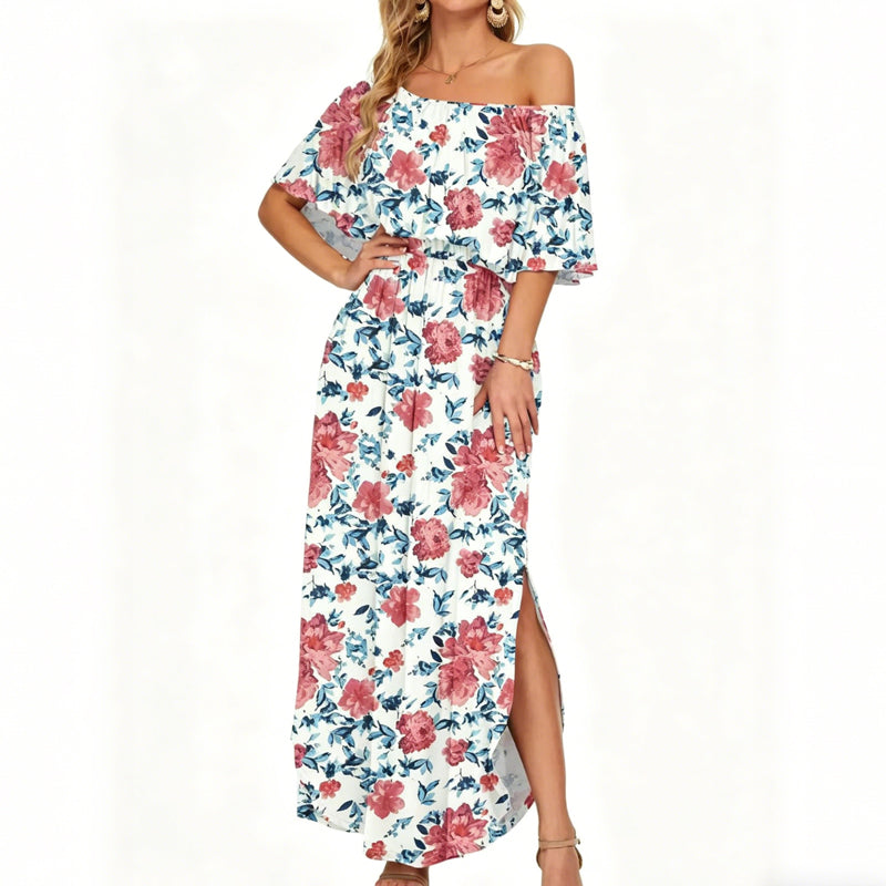 👗 50% OFF NOW! 🌸 Printed Off-Shoulder Short Sleeve Maxi Dress – Floral Print, Ruffled Bodice & Hidden Pockets ✨