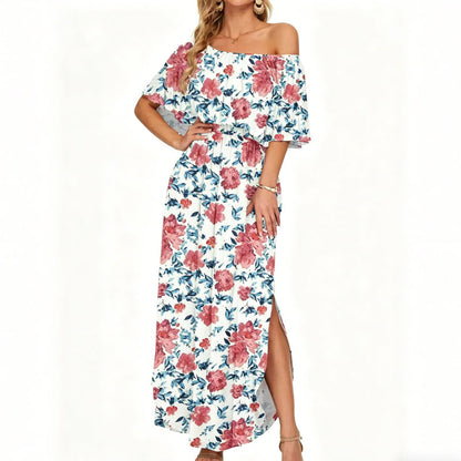 👗 50% OFF NOW! 🌸 Printed Off-Shoulder Short Sleeve Maxi Dress – Floral Print, Ruffled Bodice & Hidden Pockets ✨