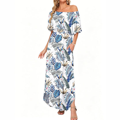 👗 50% OFF NOW! 🌸 Printed Off-Shoulder Short Sleeve Maxi Dress – Floral Print, Ruffled Bodice & Hidden Pockets ✨