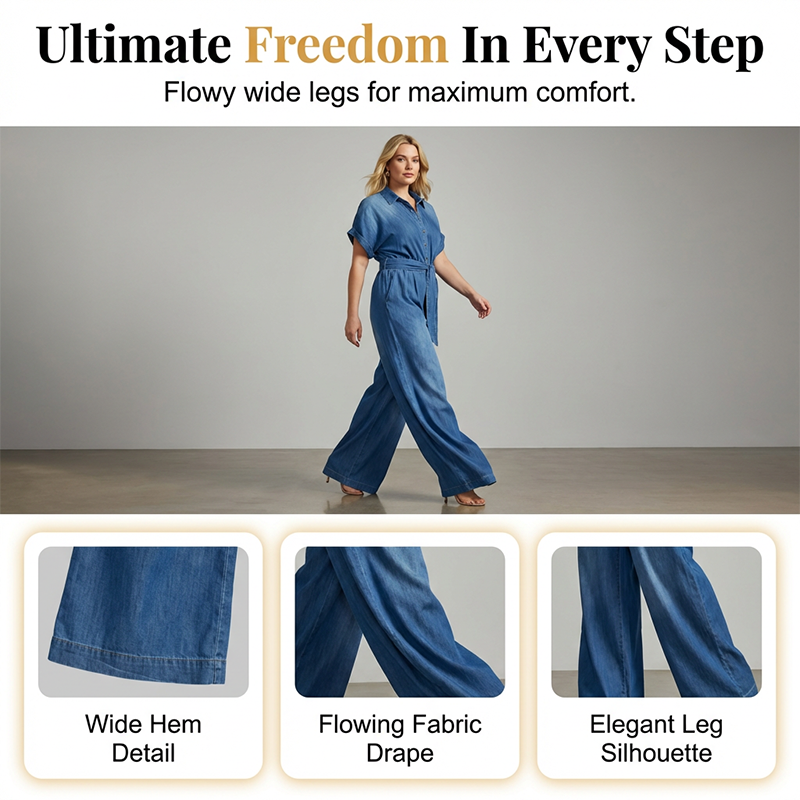 ✨30% SALE ✨Women's Collared Tie-Waist Wide-Leg Denim Jumpsuit