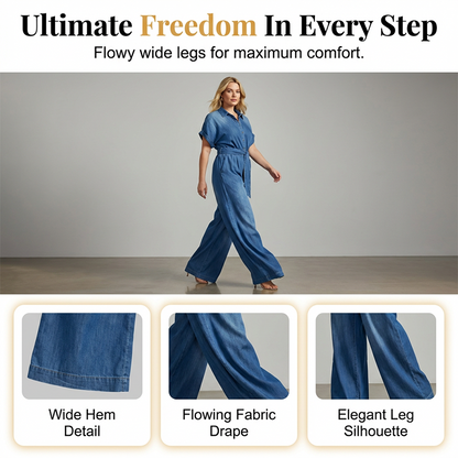 ✨30% SALE ✨Women's Collared Tie-Waist Wide-Leg Denim Jumpsuit