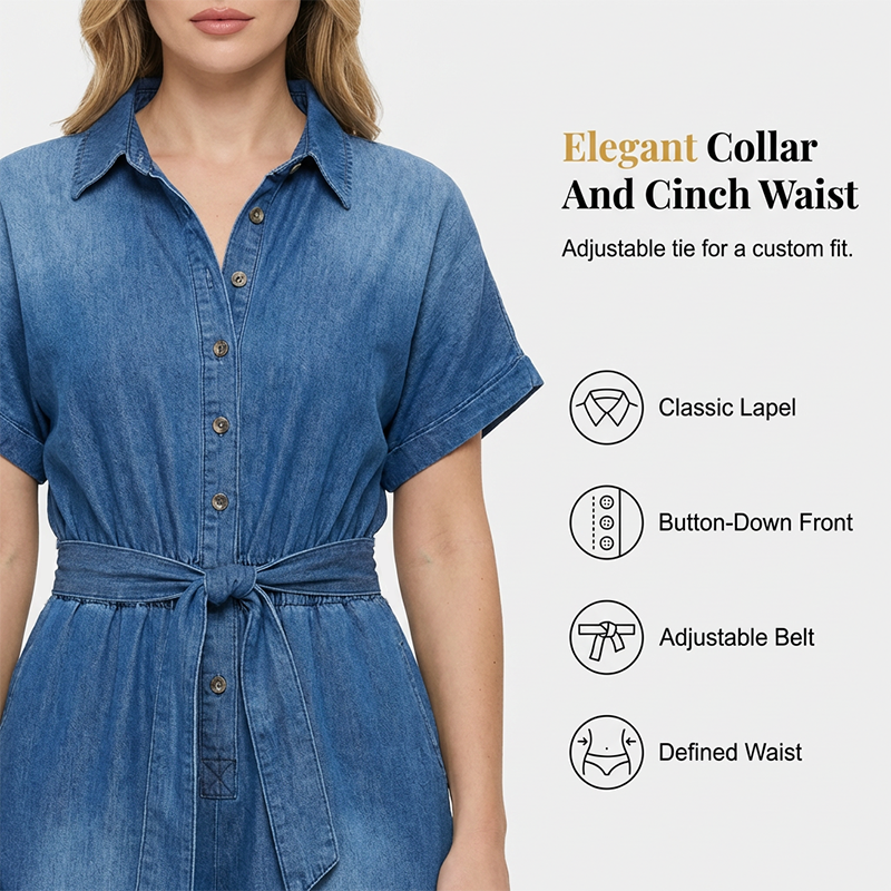 ✨30% SALE ✨Women's Collared Tie-Waist Wide-Leg Denim Jumpsuit
