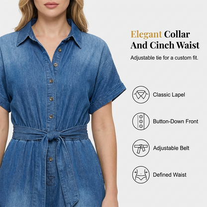 ✨30% SALE ✨Women's Collared Tie-Waist Wide-Leg Denim Jumpsuit