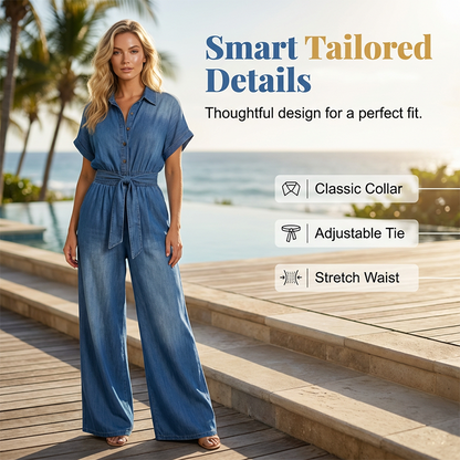 ✨30% SALE ✨Women's Collared Tie-Waist Wide-Leg Denim Jumpsuit