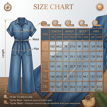 ✨30% SALE ✨Women's Collared Tie-Waist Wide-Leg Denim Jumpsuit