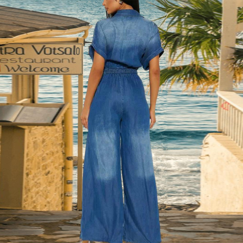 ✨30% SALE ✨Women's Collared Tie-Waist Wide-Leg Denim Jumpsuit