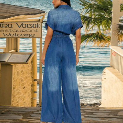 ✨30% SALE ✨Women's Collared Tie-Waist Wide-Leg Denim Jumpsuit