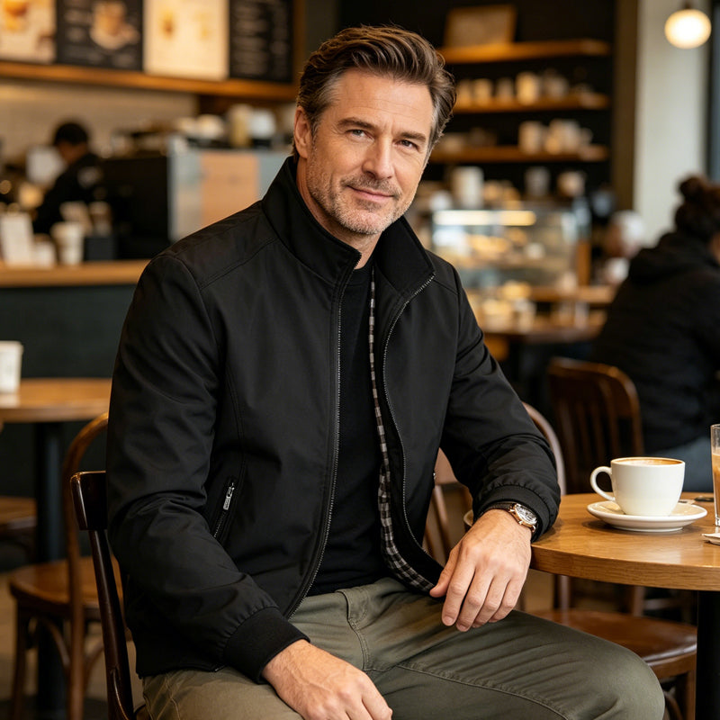 🧥 FLASH SALE: 50% OFF! 🍂 Men's Classic Stand Collar Jacket – Stylish Checkered Lining, Zippered Pockets & Ribbed Cuffs ✨