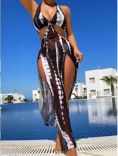 👙 LIMITED TIME 50% OFF! ✨ Striped Two-Piece Swimsuit – Halter Neck Tie, Ring Detail, High Stretch 🌊