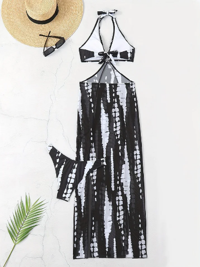 👙 LIMITED TIME 50% OFF! ✨ Striped Two-Piece Swimsuit – Halter Neck Tie, Ring Detail, High Stretch 🌊