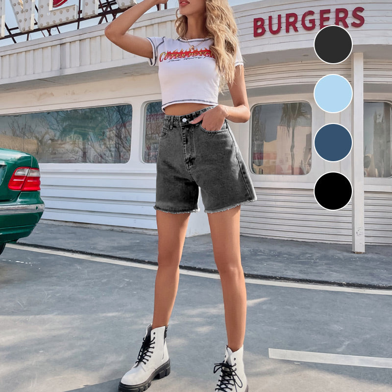 🏖️ Summer Hot Sale 💐 Women’s High-Waisted A-Line Denim Shorts – Relaxed Fit, Mid-Thigh Length with Pockets 👖☀️