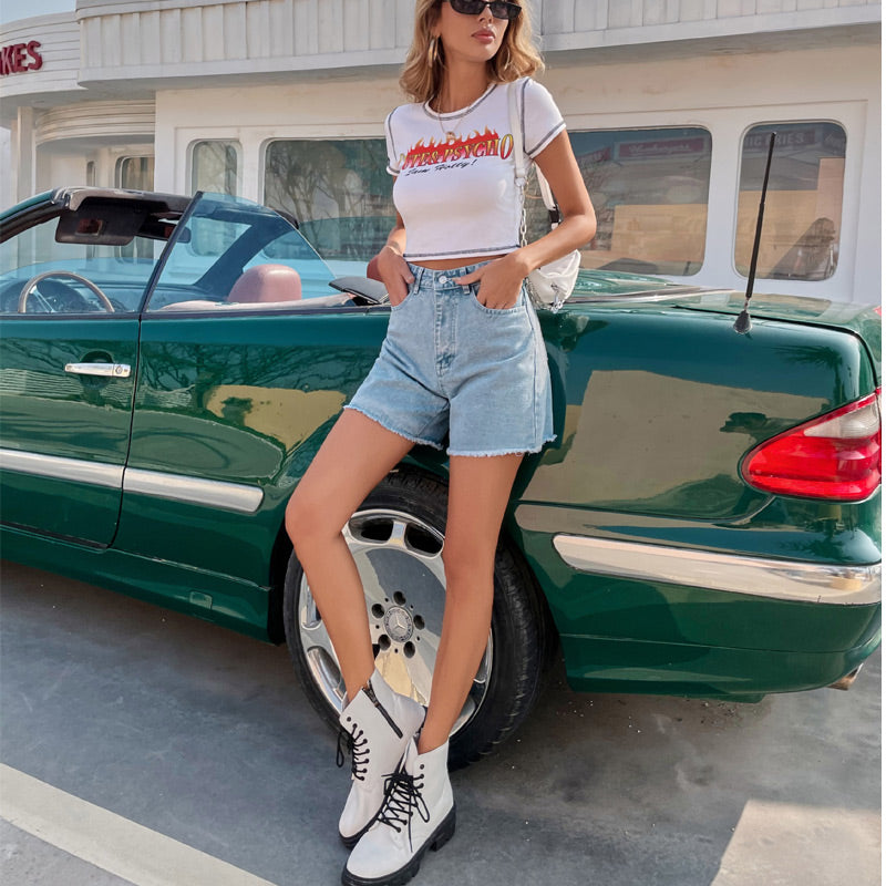 🏖️ Summer Hot Sale 💐 Women’s High-Waisted A-Line Denim Shorts – Relaxed Fit, Mid-Thigh Length with Pockets 👖☀️