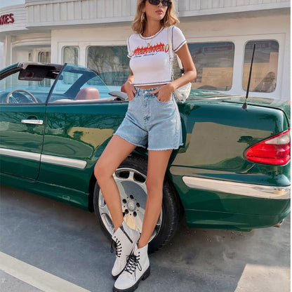 🏖️ Summer Hot Sale 💐 Women’s High-Waisted A-Line Denim Shorts – Relaxed Fit, Mid-Thigh Length with Pockets 👖☀️