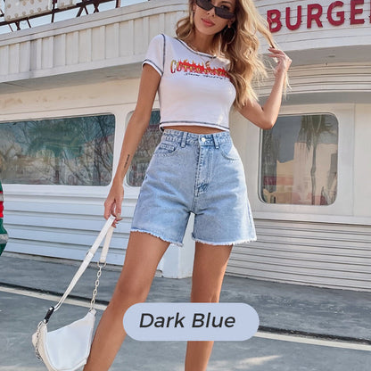 🏖️ Summer Hot Sale 💐 Women’s High-Waisted A-Line Denim Shorts – Relaxed Fit, Mid-Thigh Length with Pockets 👖☀️
