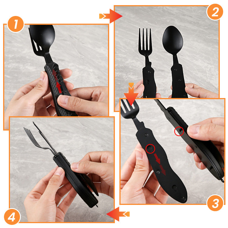 ⏳Limited-time 50% off⏰4-in-1 Folding Tableware Set – Compact, Stainless Steel, Multi-Tool 🍴⛰️