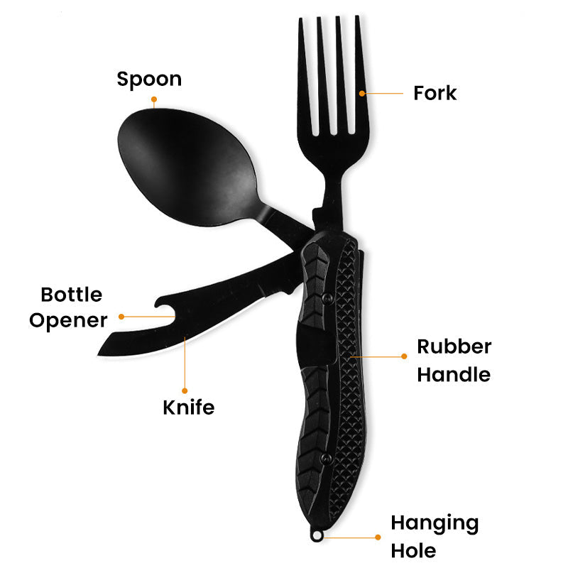 ⏳Limited-time 50% off⏰4-in-1 Folding Tableware Set – Compact, Stainless Steel, Multi-Tool 🍴⛰️