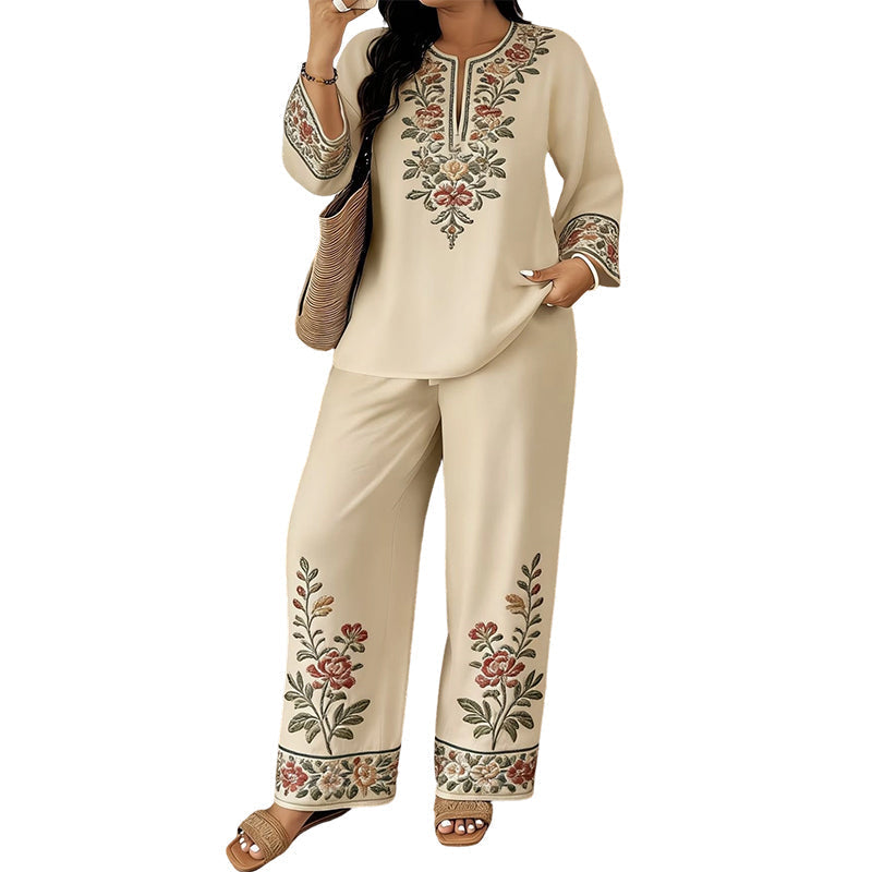 Women's Long Sleeve Blouse & Wide-Leg Pants Set
