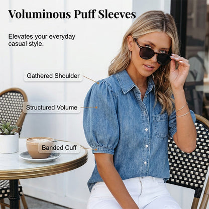 Women's Puff Sleeve Denim Button-Down Blouse