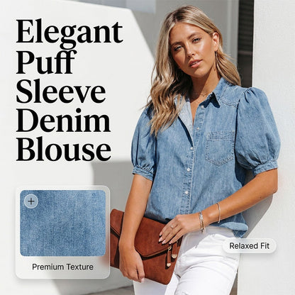 Women's Puff Sleeve Denim Button-Down Blouse