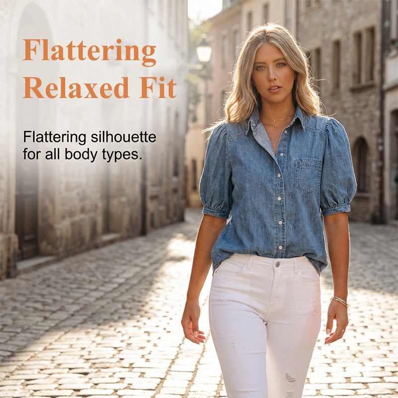 Women's Puff Sleeve Denim Button-Down Blouse