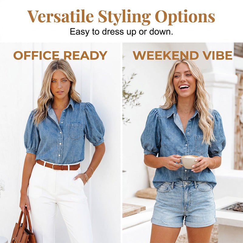 Women's Puff Sleeve Denim Button-Down Blouse