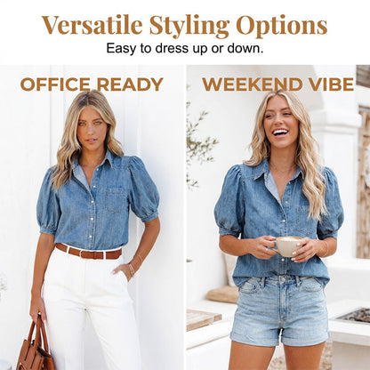 Women's Puff Sleeve Denim Button-Down Blouse