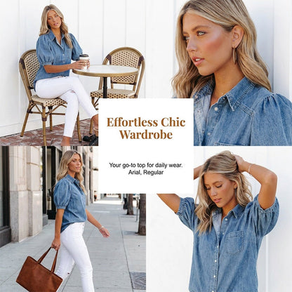 Women's Puff Sleeve Denim Button-Down Blouse