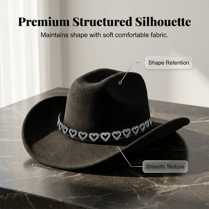 🤠 LIMITED-TIME 50% OFF! 💥 Women's Rhinestone Heart Cowboy Hat – Sparkling, Elegant French Jazz Fedora ✨