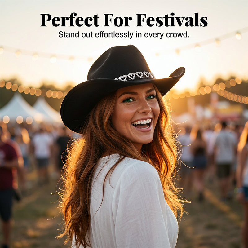 🤠 LIMITED-TIME 50% OFF! 💥 Women's Rhinestone Heart Cowboy Hat – Sparkling, Elegant French Jazz Fedora ✨