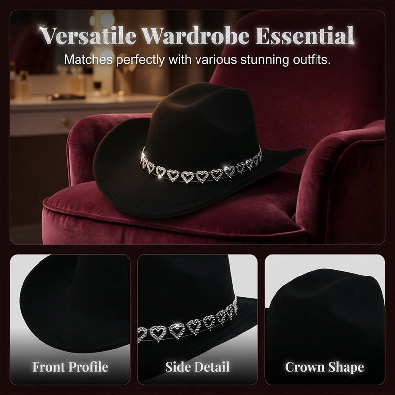 🤠 LIMITED-TIME 50% OFF! 💥 Women's Rhinestone Heart Cowboy Hat – Sparkling, Elegant French Jazz Fedora ✨