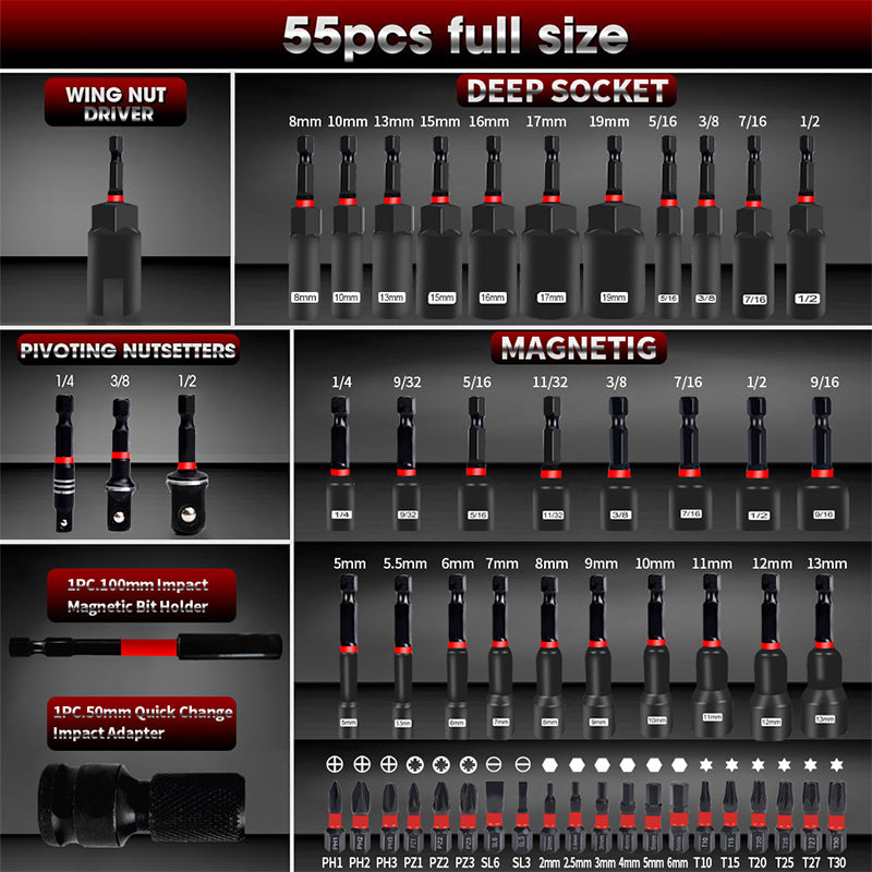 55-Piece Magnetic Impact Nut Driver Set