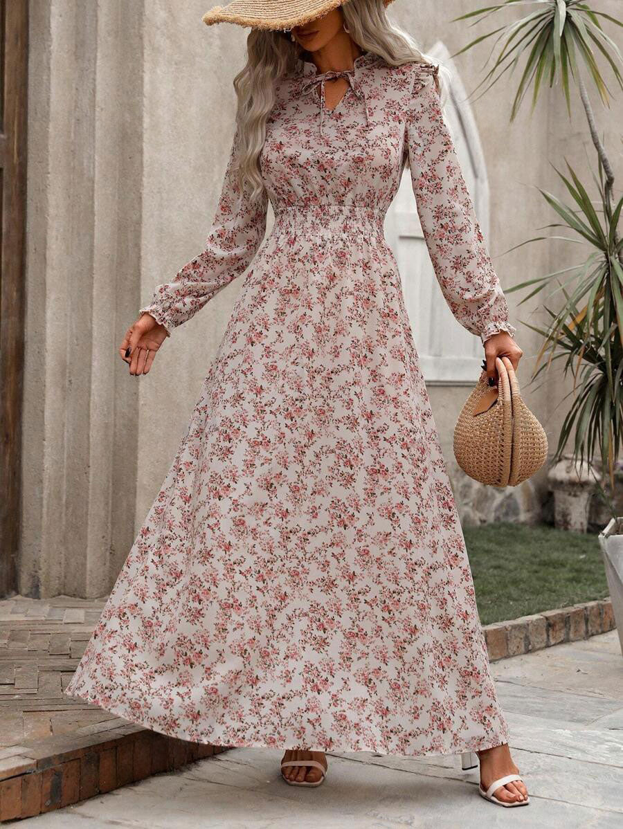 LUNE Ladies' Vacation Style Ditsy Floral Print Waist-Cinching Maxi Dress
