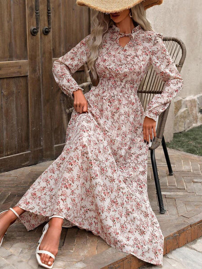 LUNE Ladies' Vacation Style Ditsy Floral Print Waist-Cinching Maxi Dress