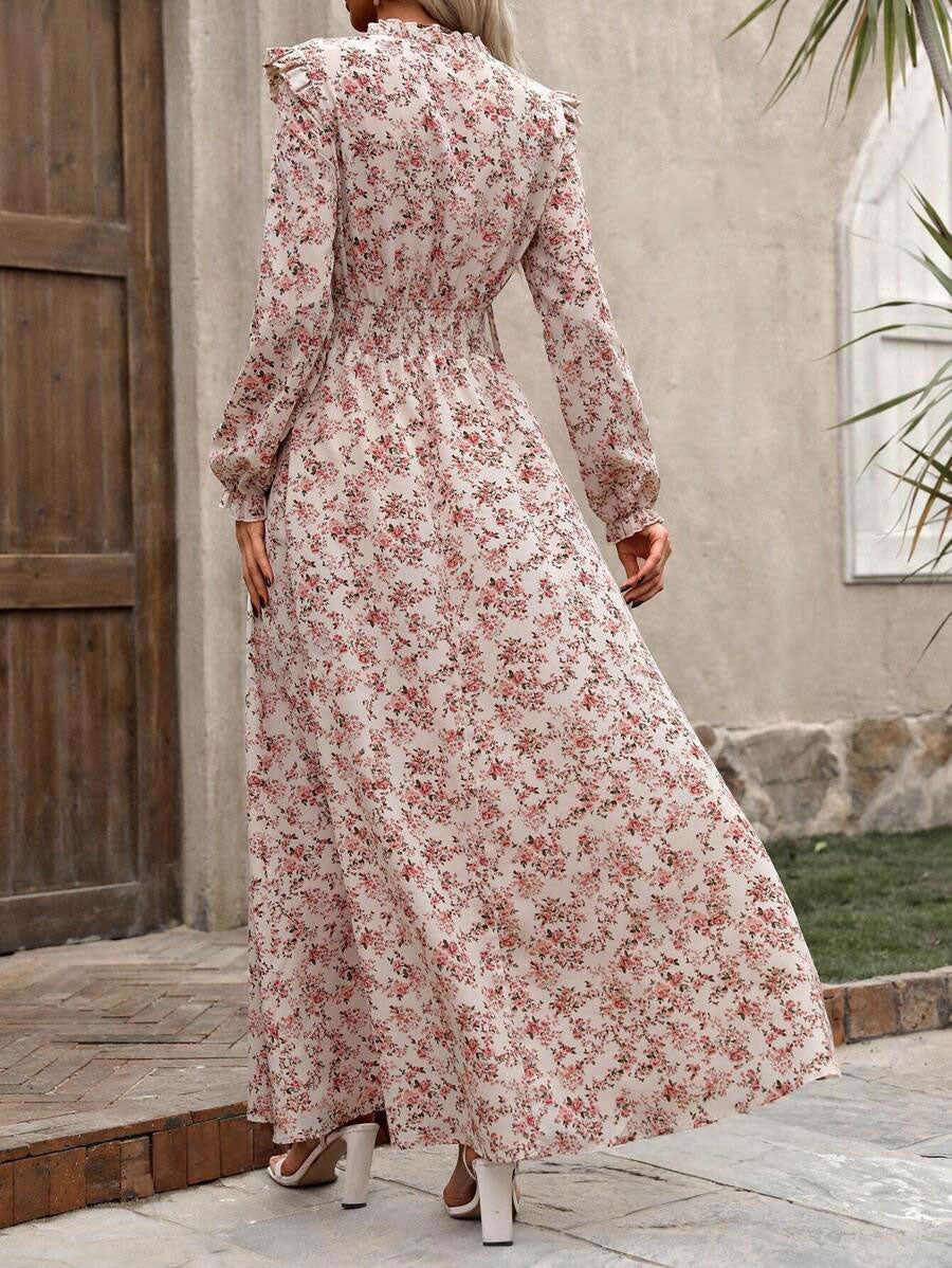 LUNE Ladies' Vacation Style Ditsy Floral Print Waist-Cinching Maxi Dress