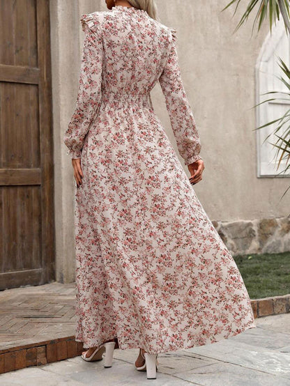 LUNE Ladies' Vacation Style Ditsy Floral Print Waist-Cinching Maxi Dress