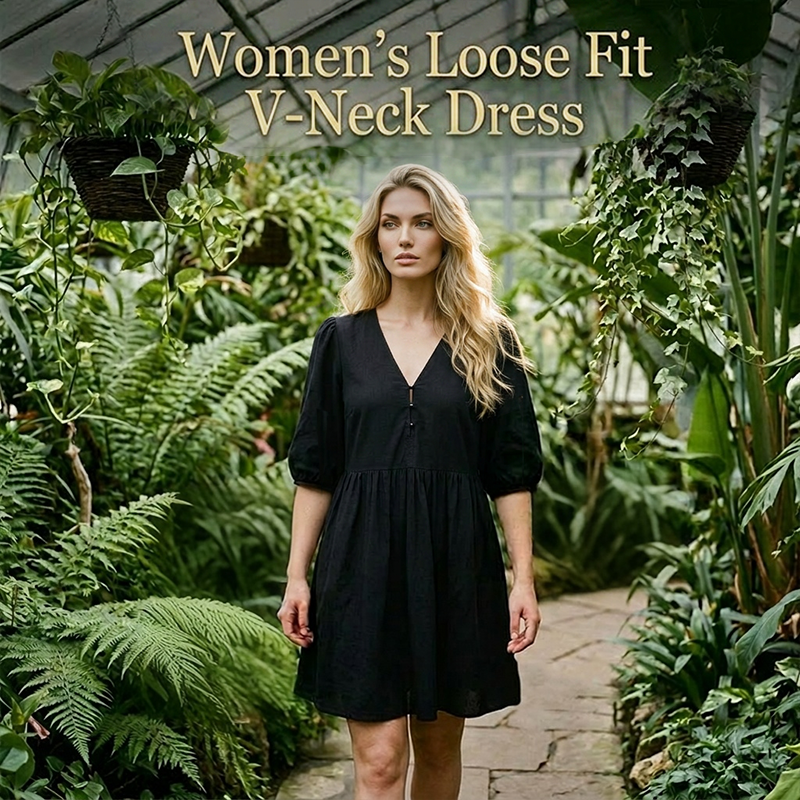 👗 LIMITED-TIME 50% OFF! 💥 Women Casual Loose Fit V-Neck Dress – Puff Sleeves, Breathable, Versatile ✨