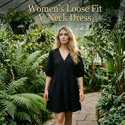 👗 LIMITED-TIME 50% OFF! 💥 Women Casual Loose Fit V-Neck Dress – Puff Sleeves, Breathable, Versatile ✨