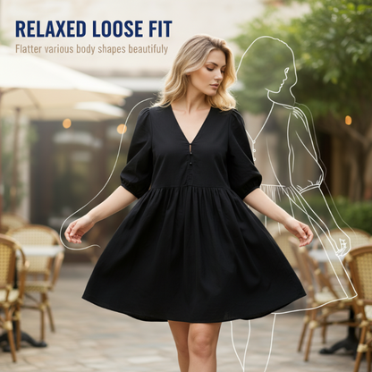 👗 LIMITED-TIME 50% OFF! 💥 Women Casual Loose Fit V-Neck Dress – Puff Sleeves, Breathable, Versatile ✨