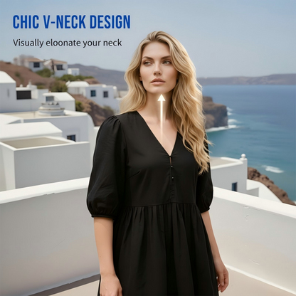 👗 LIMITED-TIME 50% OFF! 💥 Women Casual Loose Fit V-Neck Dress – Puff Sleeves, Breathable, Versatile ✨