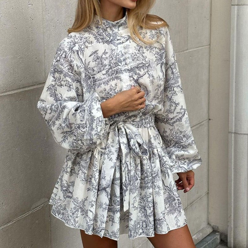 Elegant High-Neck Lantern Sleeve A-Line Mini Dress