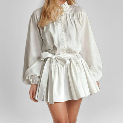 Elegant High-Neck Lantern Sleeve A-Line Mini Dress