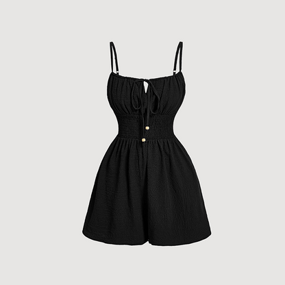 📢📢Exclusive 50% OFF 👗Women's Crinkle Textured Playsuit | Smocked Hourglass Romper with Chic Bow-Tie Bodice | Breathable Summer Resort Jumpsuit