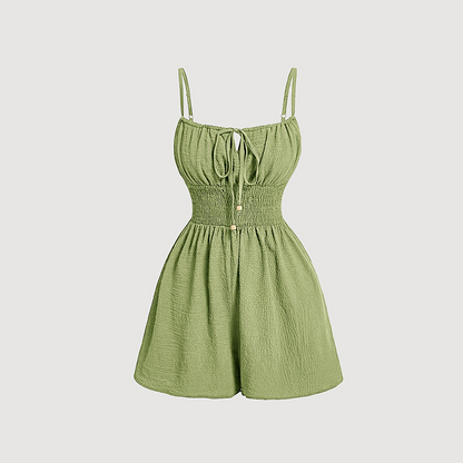 📢📢Exclusive 50% OFF 👗Women's Crinkle Textured Playsuit | Smocked Hourglass Romper with Chic Bow-Tie Bodice | Breathable Summer Resort Jumpsuit