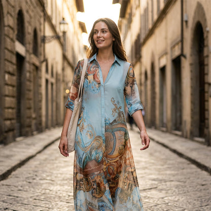👗 LIMITED-TIME 50% OFF! ✨ Elegant Retro Print Maxi Dress – V-Neck Button-Down, Flowy Silhouette, Boho Chic 🌸