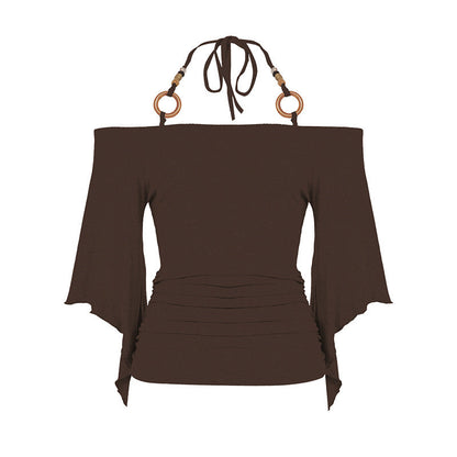 👗 LIMITED-TIME 50% OFF! ✨ Women's Off-the-Shoulder Halter Neck Top – Ring Detail, Ruched Waist, Batwing Sleeves 🌸