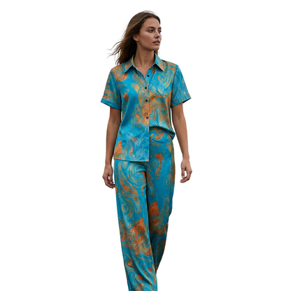 👗50% OFF!✨Women's Casual Short Sleeve Top & Pants Set – Vibrant Print, Side Pockets, Soft Fabric 🌿