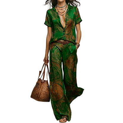 👗50% OFF!✨Women's Casual Short Sleeve Top & Pants Set – Vibrant Print, Side Pockets, Soft Fabric 🌿