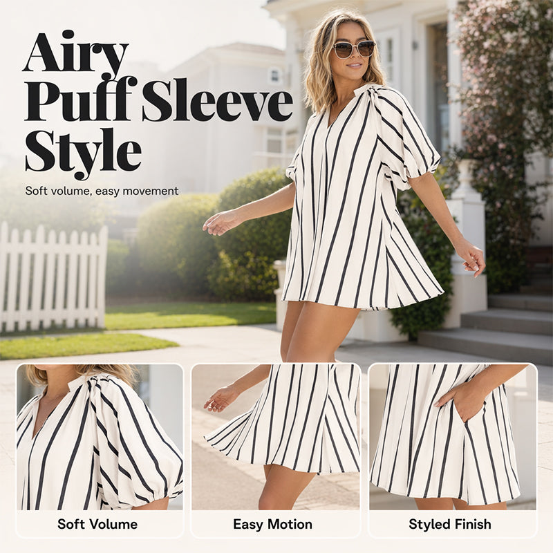 Women's Casual V-Neck Puff Sleeve Dress